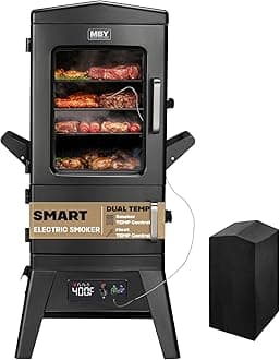 - Digital Electric Smoker with Cover, LED Display Build in Meat Probe Large Capacity BBQ Smokers, 4 Racks Smoke More with 633 sq in Cooking Area