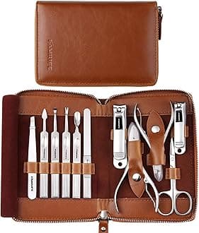 Manicure Set - Professional 11 In 1 Stainless Steel Pedicure Tools With Portable Brown Leather Travel Case For Men L18