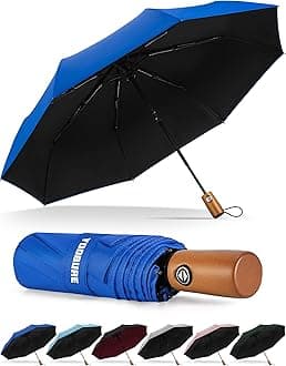 Yoobure Windproof Travel Umbrella with Wood Handle - Automatic Umbrellas for Rain & UV Sun Protection, Compact 46" Large Canopy, Lightweight Backpack Portable for Walking & Outdoor