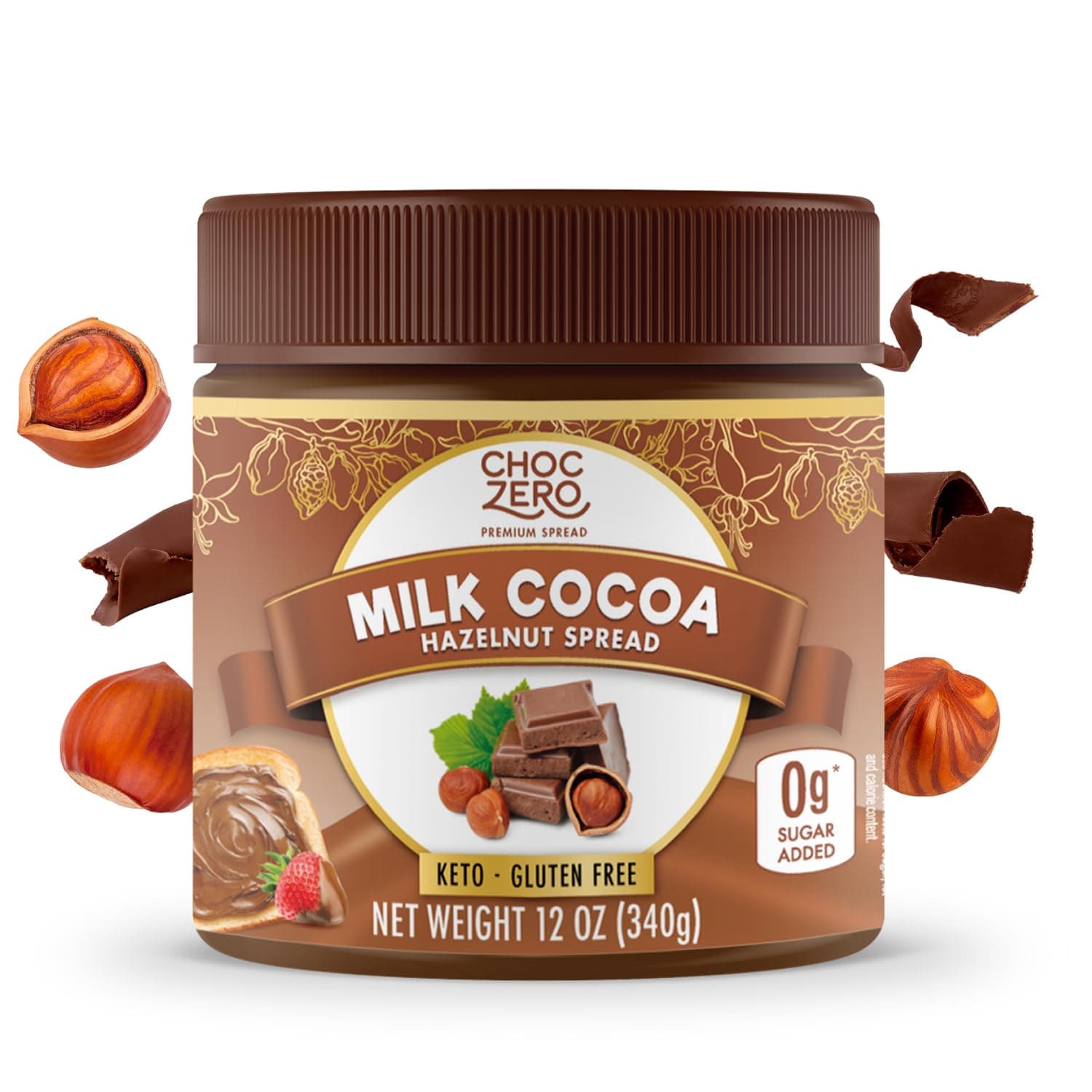 ChocZero Milk Chocolate Hazelnut Spread - No Added Sugar, Keto Friendly Low-Carb Chocolate Hazelnut Dessert & Bread Topping, Gluten Free, High Fiber, 12 oz Jar