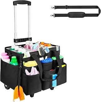 Cleaning Bag with Wheels,Large Rolling Cleaning Caddy Cart with Detachable Trolley for Housekeepers,Cleaning Supplies Organizer with Adjustable Shoulder Strap