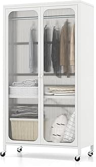 COSTWAY Closet Wardrobe, Mobile Metal Portable Wardrobe Armoire with Hanging Rail, Adjustable Shelf and Translucent Doors, Rolling Clothes Cabinet Cupboard Storage Organizer for Bedroom