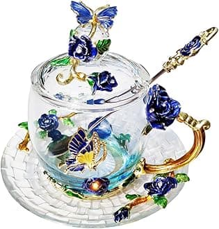 Rose Butterfly Glass Tea Cup Coffee Cup with Lid Spoon and Saucer Wedding Anniversary Birthday Gift for Women Mom Sister Girlfriend(330ml Blue)
