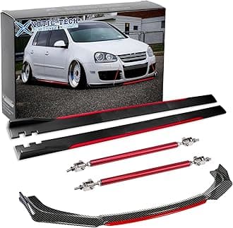 x xotic tech Front Bumper Lip Chin Spoiler+ 2.2M Side Skirt Winglets Diffusers+ Adjustable 10"-13" Support Rod Universal Fit Most Vehicles, Carbon Fiber w/Red