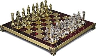 CHESS SET HEAVY METAL HANDMADE RUBY RED GOLD FAMILY TRAVEL HOLIDAY BOARD GAME GREEK AND ROMAN BRASS METAL ALLOY AND BRONZE PLATED PIECES MADE IN GREECE BY 11" 200R