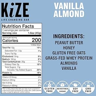KiZE Energy Bars - Vanilla Almond - Gluten Free, Non-GMO, and High Protein Meal Replacement Energy Bars, Clean and Simple Food Ingredients - 10g High Protein Snacks, (10 Count)