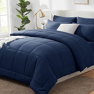 CozyLux California King Comforter Sets Navy Blue, 7 Pieces Cal King Bed in a Bag, All Season Bedding Sets with Stitch Quilted Comforter, Flat Sheet, Fitted Sheet, Pillowcases