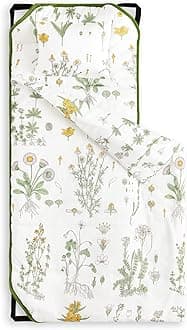 Cot Nap Mat with Pillow and Blanket, for Toddler Kids Boys Girls in Daycare Kindergarten Preschool Pre K with Elastic Corner Straps, Floral Botanical Flowers, White Green