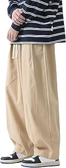 PRIJOUHE Men's Baggy Cargo Pants Casual Loose Fit Wide Leg Pants with Elastic Drawstring Waist
