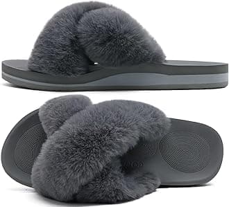 Womens Fuzzy Slides Fluff Faux Fur Cross Slippers Open Toe Yoga Mat House Slipper Sandals With Arch Support For Indoor/Outdoor