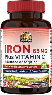 Iron Supplement for Women Men, High Potency 65mg Iron with Vitamin C 250mg, Less Constipating, Better for Blood Building & Energy Improvement, No Gluten, Non-GMO,60 Vegan Iron Pills