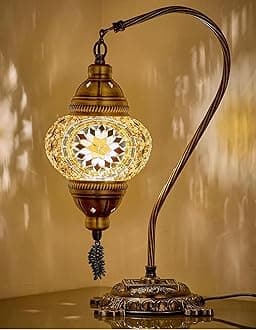 DEMMEX Turkish Moroccan Mosaic Table Lamp–Handcrafted Tiffany-Style Colorful Glass Swan Neck Bedside, Desk Light, Boho Artisan Accent Lighting for Bedroom, Living Room–38cm H, Brown-Amber
