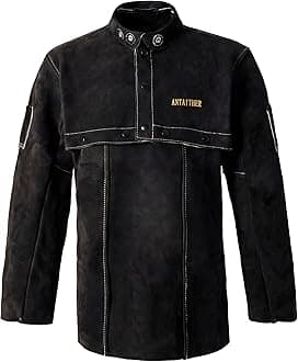 ANTAITHER Leather Welding Jacket with Open Back, Bib Apron with Cape Sleeve, Heat Flame Resistant Welder Coat