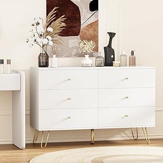 Dresser for Bedroom, 6 Drawer Dresser with Golden Handle, Chest of Drawers Wooden Dressers for Hallway, Living Room, Nursery Room, White