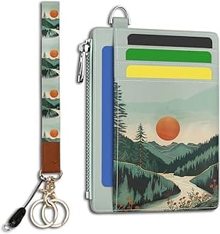 Slim Wallet Women Credit Card Holder, Mountain Tree Sunset RFID Blocking Front Pocket Wallet Wristlet Keychain Lanyard Small Cute Thin Travel Zipper Coin PU Leather Card Case Organizer Gifts