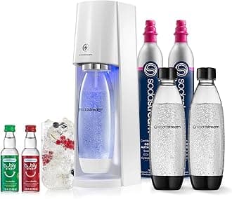 E-TERRA Sparkling Water Maker Bundle (White), with CO2, Carbonating Bottles, and bubly Drops Flavors