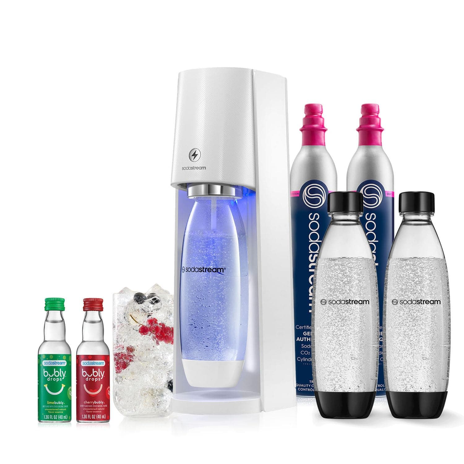 SodaStream E-TERRA Sparkling Water Maker Bundle (White), with CO2, Carbonating Bottles, and bubly Drops Flavors