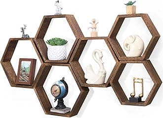 NOVIMANGO Hexagon Floating Shelves Set of 6 Honeycomb Shelves for Wall Wood Farmhouse Storage Home Decor Shelf Wall Mounted Wooden Hexagonal Shelves for Bedroom Living Room Nursery, Rustic Brown