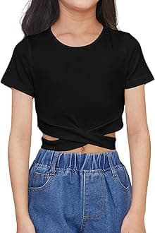 OYOANGLEGirl's Cute Crisscross Short Sleeve Cutout Solid Crop Top Tee T-Shirts