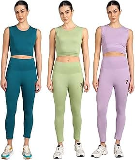 Stretchable Activewear Sleeveless Crop Top with Long Pants with Back Pocket for Workout Top & Bottom Set Gym Yoga Sports Running Track Suits For Girls/Women - Pack of 3