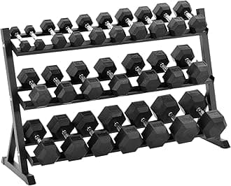 Hex Weights Dumbbells Set 2.5-50kg Pairs Options With Horizontal 3 Tier Rack Stand. Cast Iron Gym Weights Equipment For Home And Commercial Use For Both Men And Women
