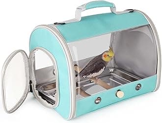 Long Tail Portable Bird Travel Carrier Cage with Metal Tray Soft Mat and Wooden Standing Perch, Hands Free Lightweight Clear 2 Windows Carry Bag for Parakeet Budgies Cockatiel Transport to Vet