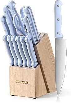 CAROTE 14 Pieces Knife Set with Block, Forged, High Carbon Stainless Steel Sharp Blade Block Knife Set, Dishwasher Safe Cutlery, Blue