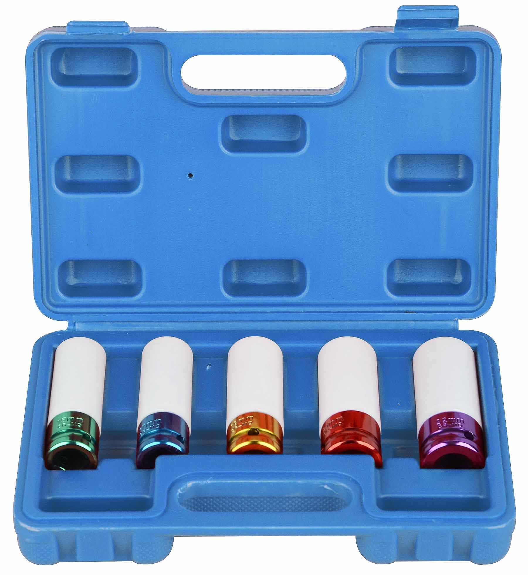 DAYUAN 5pcs 1/2-Inch Drive Lug Nut Impact Socket Set, Thin Wall Deep Wheel Protector Impact Socket Set, 6 Point, Metric, 15mm, 17mm, 19mm, 21mm, 22mm