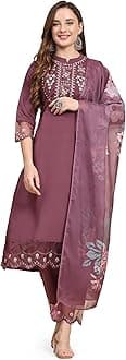 TRENDMALLS Women's Satin Silk Embroidery Salwar Suit Set Kurta Pant with Dupatta (G192-Purple-XXL)