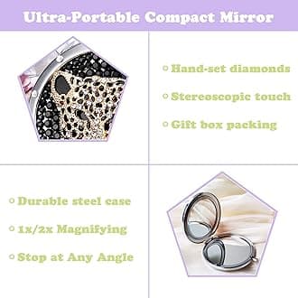 Amanman Portable Mirror Travel Mirror with Rhinestone Leopard 2-Sided Magnification Compact Mirrors with Gift Box (Leopard)