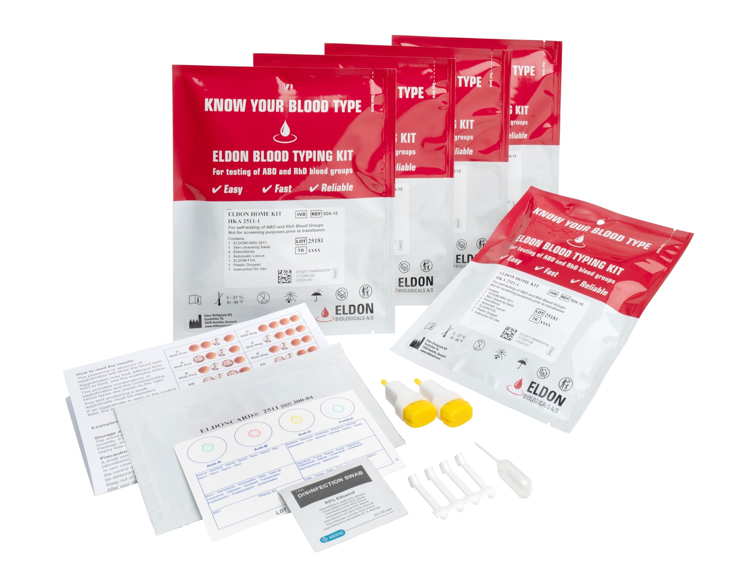 Eldoncard Blood Typing Kit, 5 Test Pack, Know Your Blood Type, Accurate Instant Home Testing, Determine A, O, B, Rhs-D Negative & Positive Groups