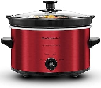 Elite Gourmet MST-275XR Electric Oval Slow Cooker, Adjustable Temp, Entrees, Sauces, Stews & Dips, Dishwasher Safe Glass Lid & Crock (2 Quart, Metallic Red)