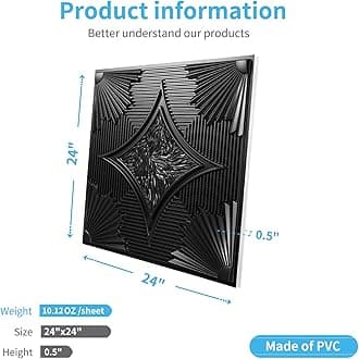 Art3d 61x61cm Drop Ceiling Tiles 24x24 in Black Pack of 12, 3D Wainscoting Ceiling Panels Glue Up Cover 48 Sq.ft