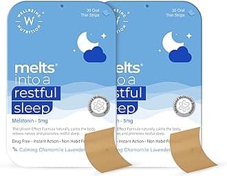 Wellbeing Nutrition melts Restful Sleep | Plant-Based Melatonin 5mg for Deep Sleep, Stress Relief | Clinically Proven, Safe & Non-Addictive with Chamomile, Tagara, L-Theanine | 60 Oral Thin Strips