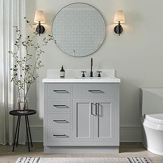 ARIELHepburn 36" Grey Bathroom Vanity, 1.5" Edge Carrara Quartz Countertop & Splash, Right Rectangular Sink, 2 Soft Closing Doors, 5 Full Extension Dovetail Drawers, Toe Kick, Matte Black