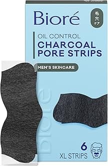Biore Men's Blackhead Remover Pore Strips, Charcoal Deep Cleansing Nose Strips for Blackhead Removal on Oily Skin, with Natural Charcoal for Instant Blackhead Removal and Pore Unclogging, 6 Count