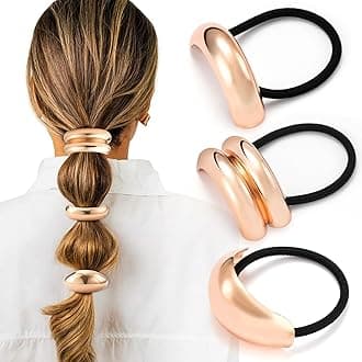 3PCS Rose Gold Hair Ties, Metal Hair Ties for Thick Hair, Elegant Durable Geometric Design, Rose Gold Hair Accessories Stretchy Non-Damage Ponytail Holders, 3 Styles in Box Holiday Gifts