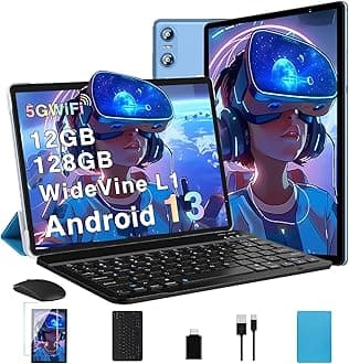 10 inch Tablet Android, 12GB RAM + 128GB ROM (TF 1TB), Octa-Core 2.0Ghz, 800 * 1280 FHD丨5G WiFi Tablet with Keyboard丨Mouse丨 Case丨(Blue)