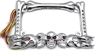 HTTMT- 3D Chrome Skull Flame Bone License Plate Frame w/LED Run Brake Turn Compatible With H-D Kawasaki [P/N: MT294-006A-CD]