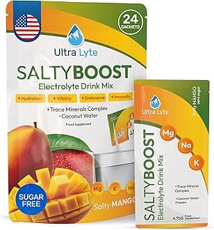– Electrolytes Drink Mix - Sugar-Free Salty Mango Powder - Sachets with High Sodium, Trace Minerals, and Coconut Water - Hydration for Sports, Recovery, and Wellness (24 Sachets)