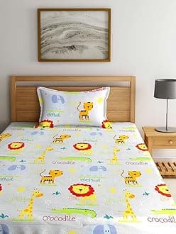 Home Sizzler 144 Tc Microfibre Kid's Animal Character Single Bedsheet with 1 Pillow Cover, Orange