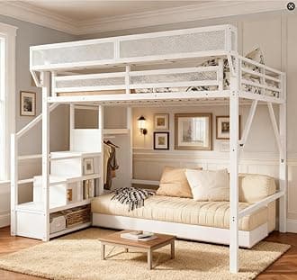 Queen Size Loft Bed with Stairs and Storage, Metal Loft Bed Frame with Bedside Shelf and Large Under-Bed Space, Heavy-Duty Beds for Adults Teens and Kids, White