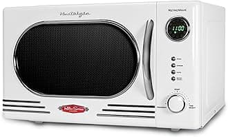 Nostalgia NRMO11WH6A 1000 Watt Power Retro Countertop Microwave Oven Easy to Clean with Removable Glass Turntable-Child Safety Lock-12 Programs-Digital Clock, 1.1 Cu Ft, White