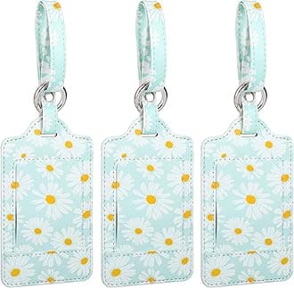 Teskyer 3 Pack Floral Luggage Tags, Luggage Tags for Suitcases, Luggage Labels with Name ID Card, Noticeable, Durable, Travel Accessories, PU Leather, Daisies