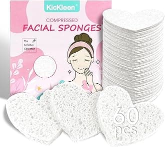 60-Count Kickleen Compressed Cellulose Heart Shape Facial Sponges | 100% Natural Cosmetic Spa Sponges for Facial Cleansing | Exfoliating | Makeup and Mask Removal | Reusable |Skin Massage (White)