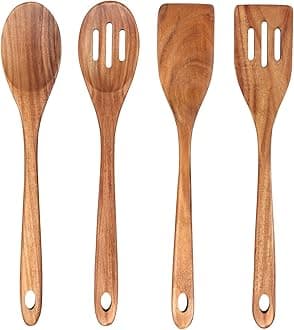 4-Piece 14" Large Acacia Wood Utensils Set for Cooking Spatula Wooden Kitchen Utensil Non Toxic Spoon Slotted Turner Best Long Spatula for Kitchen Use Tools Cooking Utensils Mixing Serving Spoons