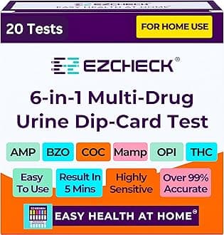 [20 Pack] EZCHECK® 6-Panel Drug Test - at-Home Rapid Urine Screening Kit for 6 Most Used Drugs: (THC-Marijuana, BZO-Benzos, MET-Meth, OPI/MOP-Opiates, AMP-Amphetamine, COC)