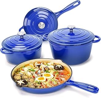 7-Piece Enameled Cast Iron Cookware Set: Dutch Ovens, Skillet & Sauce Pan with Non-Stick Ceramic Coating - Oven Safe to 550°F, PFOA-Free (Cobalt Blue)