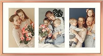 Golden State Art, 5x7 Aluminum Collage Frame, Displays 7x5 Pictures With 3 Openings Mat or One 8.5x16.3 Photo, Real Glass, Portrait/Landscape Wall Display, Rose Gold, 1 Pack