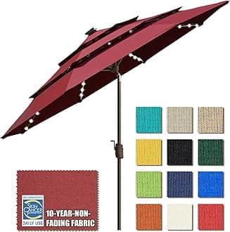 USA 10-Year-Non-Fading Solar 9ft 3 Tiers Market Umbrella with 80 LED Lights Patio Umbrellas Outdoor Table with Ventilation（Burgundy）